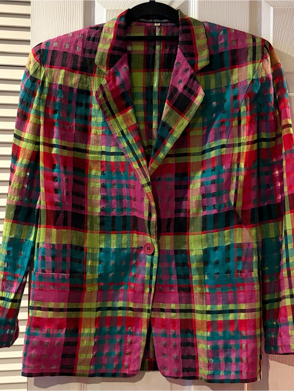 Vintage Umberto Ginocchietti Italian Linen Plaid Jacket 38 Open Weave Eclectic